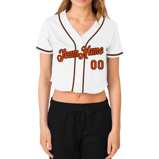 Beschnittenes Baseball Custom Damen Weiß Jersey Orange-Schwarz V-Ausschnitt