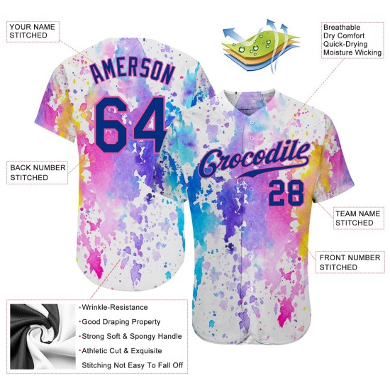Benutzerdefiniertes weißes Royal-Pink 3D-Muster-Design Aquarell Authentic Baseball Jersey