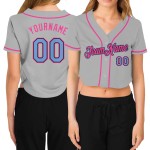 Leichte Damen Schwarz-Rosa Blau Grau Baseball Cropped Jersey Custom V-Ausschnitt