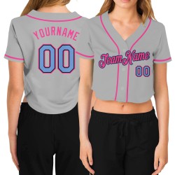 Leichte Damen Schwarz-Rosa Blau Grau Baseball Cropped Jersey Custom V-Ausschnitt