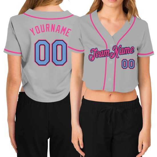 Leichte Damen Schwarz-Rosa Blau Grau Baseball Cropped Jersey Custom V-Ausschnitt
