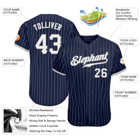 Benutzerdefiniertes authentisches Baseball-Trikot mit marineblauen und weißen Nadelstreifen in Weiß und Grau