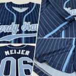 Benutzerdefiniertes authentisches Baseball-Trikot mit Nadelstreifen in Marineblau und Weiß, Hellblau-Weiß Benutzerdefiniertes authentisches Baseball-Trikot mit Nadelstreifen in Marineblau und Weiß, Hellblau-Weiß