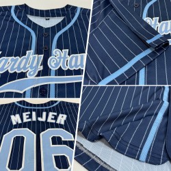 Benutzerdefiniertes authentisches Baseball-Trikot mit Nadelstreifen in Marineblau und Weiß, Hellblau-Weiß