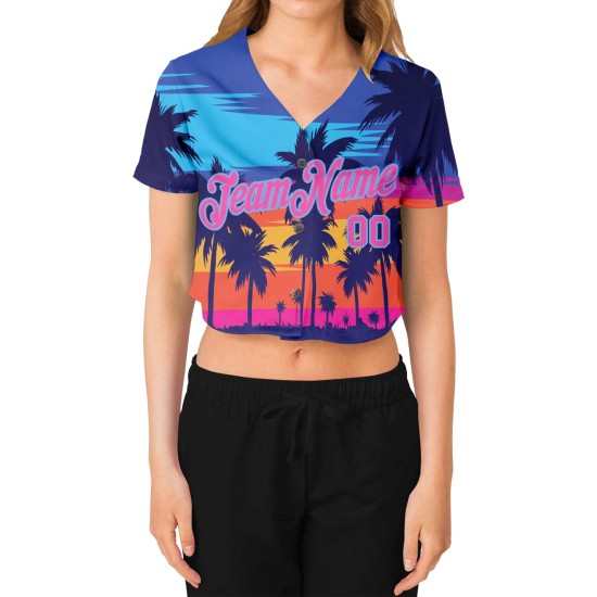 Bäume Custom Royal Hawaii Jersey 3D Damen Pink-Light Cropped V-Ausschnitt Blau Palm Baseball