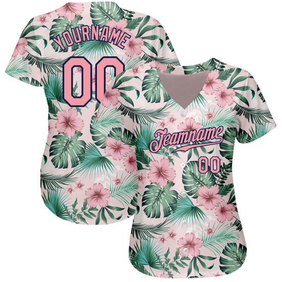 Benutzerdefiniertes weißes, mittelgroßes, rosa-marineblaues 3D-Musterdesign mit Hawaii-Palmblättern und Blumen, authentisches Baseball-Trikot Benutzerdefiniertes weißes, mittelgroßes, rosa-marineblaues 3D-Musterdesign mit Hawaii-Palmblättern und Blumen, authentisches Baseball-Trikot