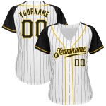 Benutzerdefinierte weiß schwarz Nadelstreifen schwarz-gold authentische Raglan Ärmel Baseball Jersey Benutzerdefinierte weiß schwarz Nadelstreifen schwarz-gold authentische Raglan Ärmel Baseball Jersey
