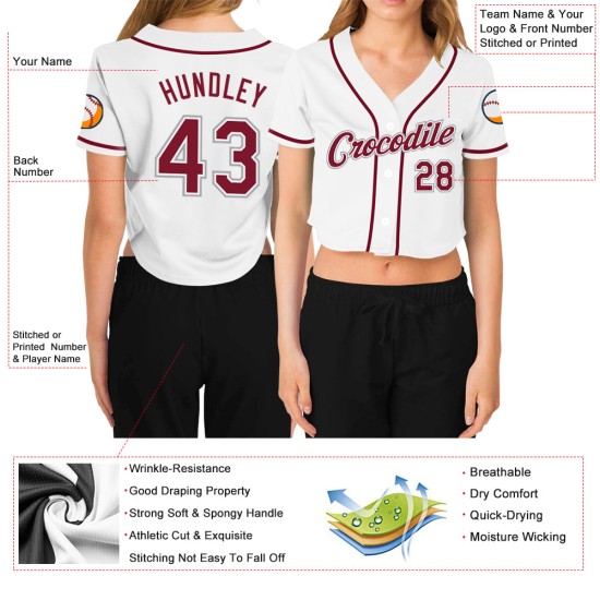 Beschnittenes Baseballtrikot für Damen mit V-Ausschnitt, Weiß, Karminrot und Grau